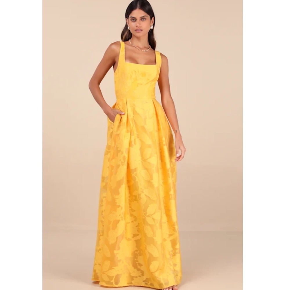 Lulus Perfected Aura Yellow Floral Jacquard Bow Back Maxi Dress With Pockets S